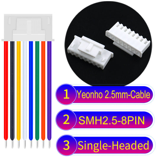 yeonho SMH250 2.54mm 8Pin single-headed cable, UL1007-certified PVC and 22AWG copper core, suitable for multiple devices.