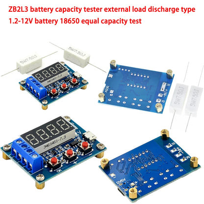 ZB2L3 battery capacity tester with external load, supporting 1.2–12V batteries, ideal for 18650 battery capacity testing and DIY projects